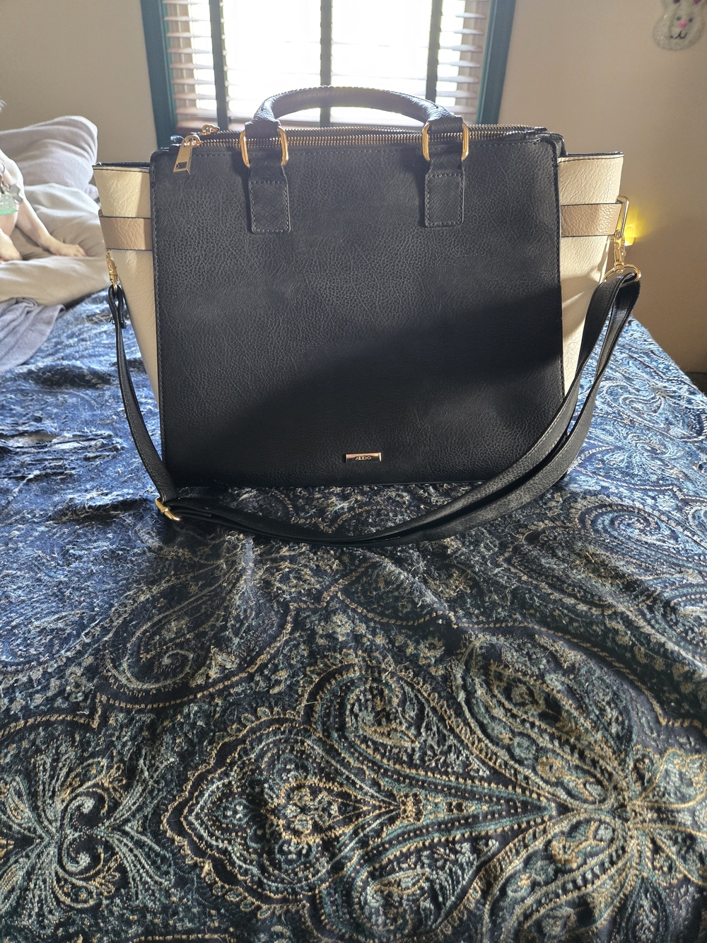 Aldo Black and Cream Structured Tote with Shoulder Strap.